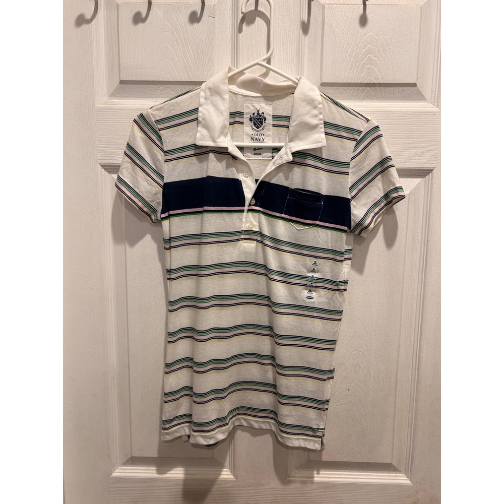 VTG y2K Old Navy Perfect Fit Polo Shirt Womens Medium White Striped Short Sleeve